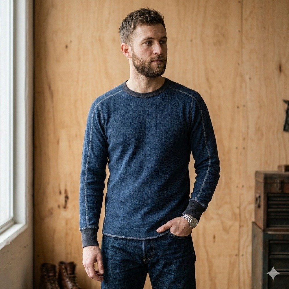 Wallace & Barnes Shirt Mens XS Navy Blue Waffle Knit‎ Thermal Crew Neck Rugged